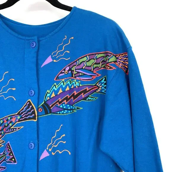 VTG 80s Basic Threads Jumpsuit Womens Apx Sz S Blue Fish Graphics Art To Wear - Picture 3 of 6